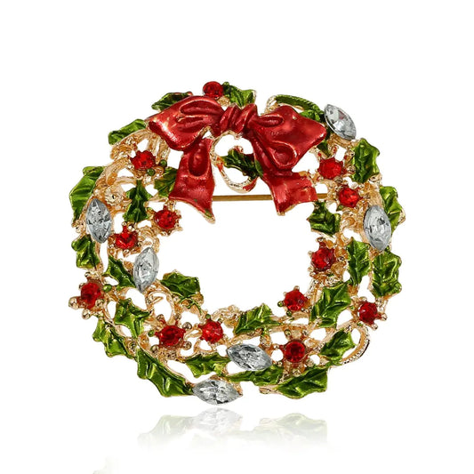 Colorful Rhinestone Bowtie Wreath Brooch For Christmas