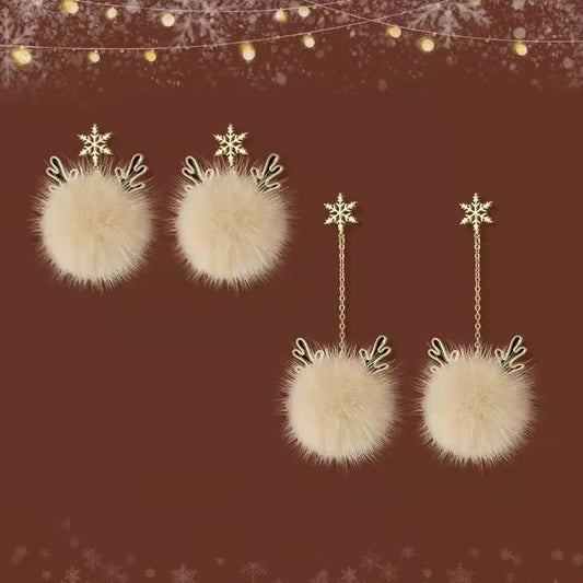 Women's Christmas Snowflake Antler Hair Ball Earrings
