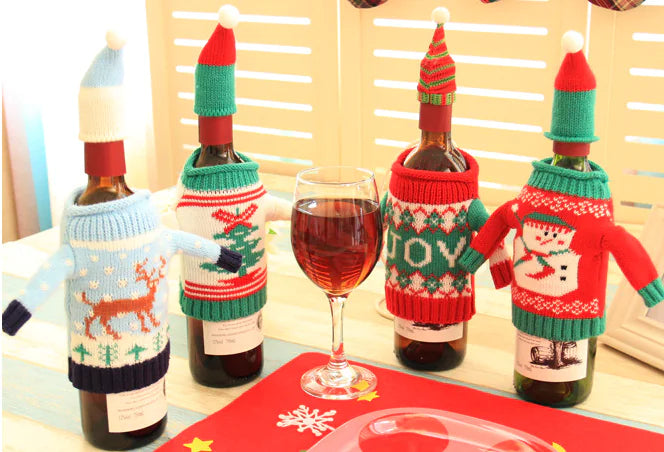 Knit Christmas Wine Set With Bottle Cover For Home Decor