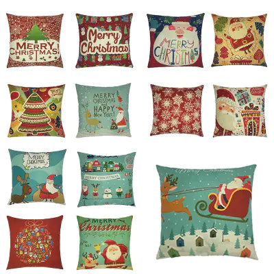 Christmas Santa & Reindeer Cotton Linen Pillow Covers