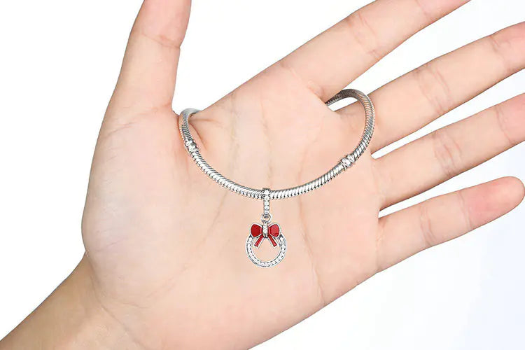 S925 Silver Beaded Bracelet Christmas Wreath Charm