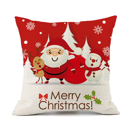Christmas Reindeer Santa Claus Festive Printed Linen Cushion For Home Decor