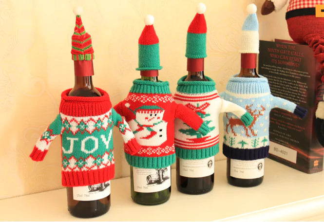 Knit Christmas Wine Set With Bottle Cover For Home Decor