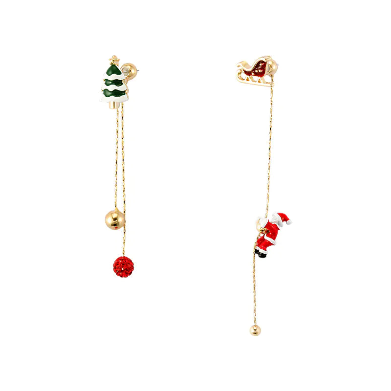 Cute Santa Lady Earrings With Sleigh Christmas Tree