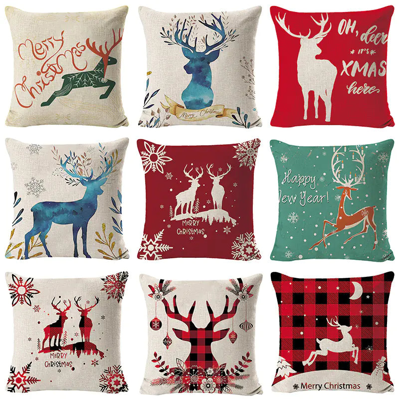 Christmas Elk Print Linen Pillow Cover For Home Decor