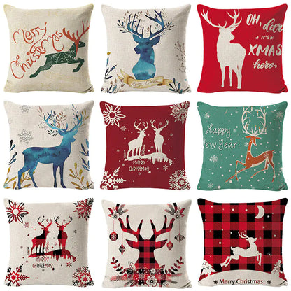 Christmas Elk Print Linen Pillow Cover For Home Decor