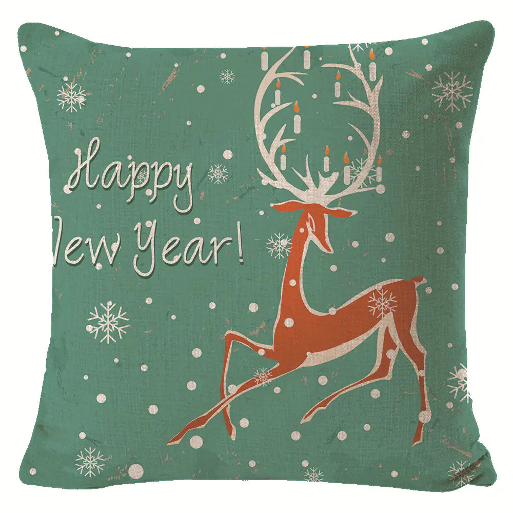 Christmas Elk Print Linen Pillow Cover For Home Decor