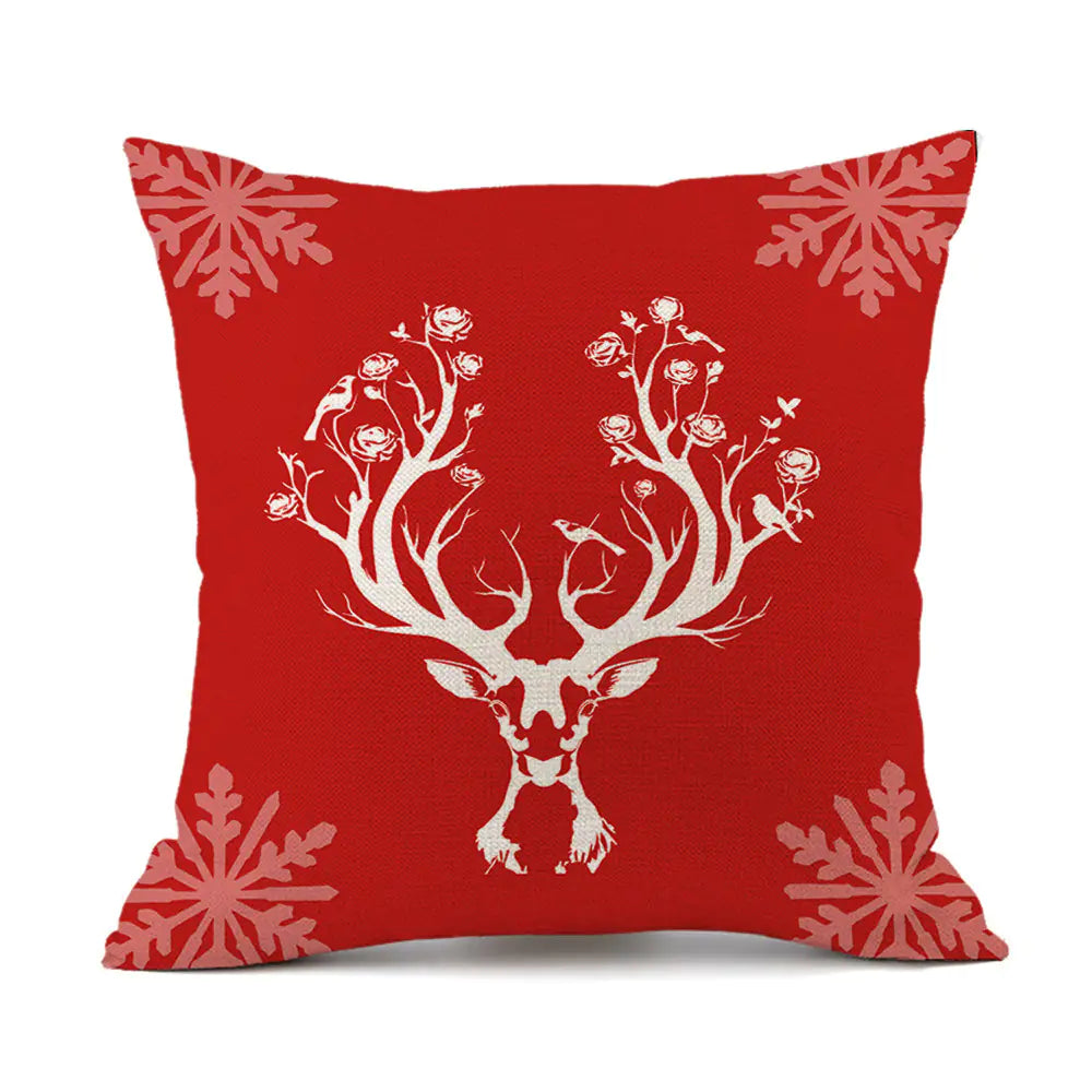 Christmas Reindeer Santa Claus Festive Printed Linen Cushion For Home Decor