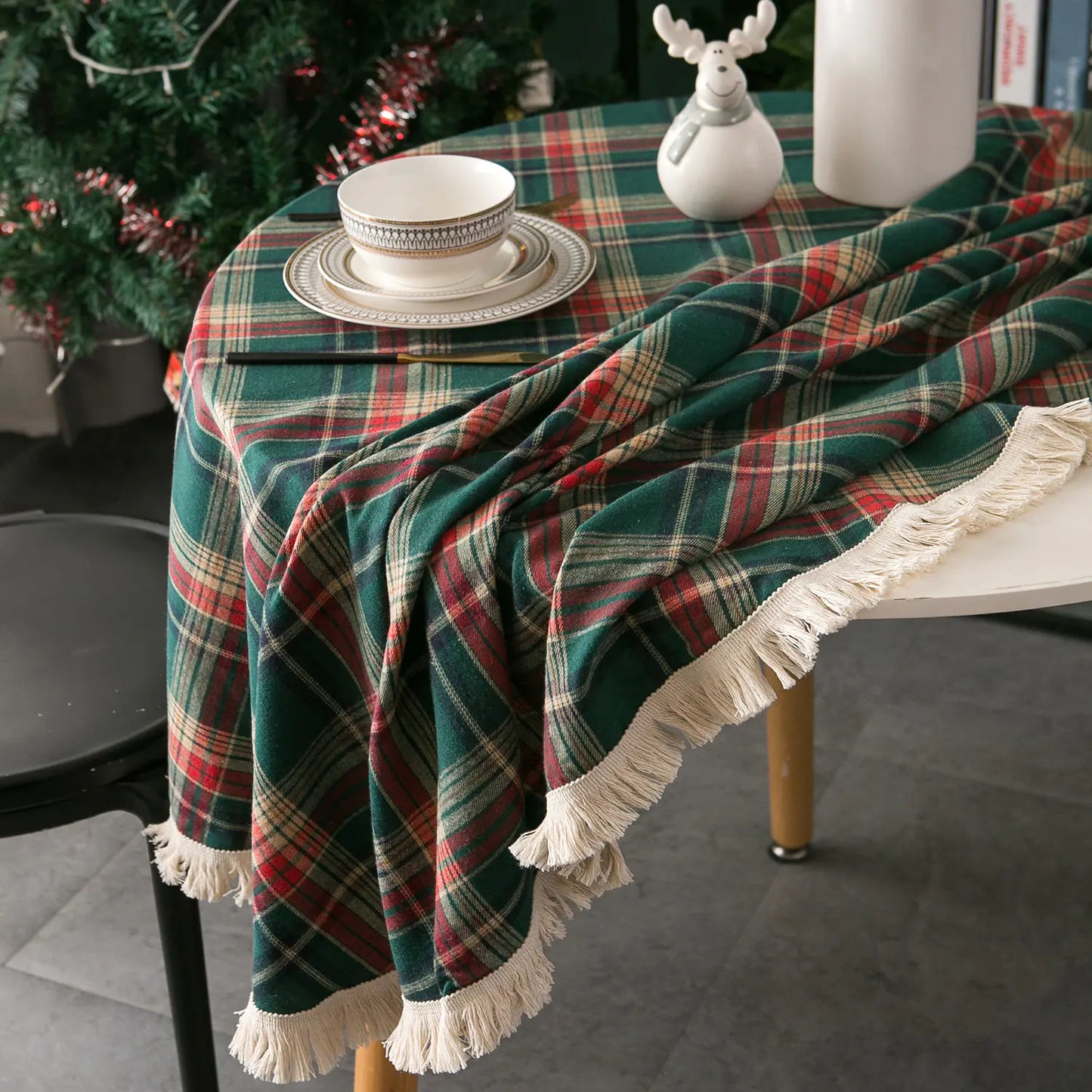 Imanqi Checkered Christmas Tablecloth With Tassels For Home Decor