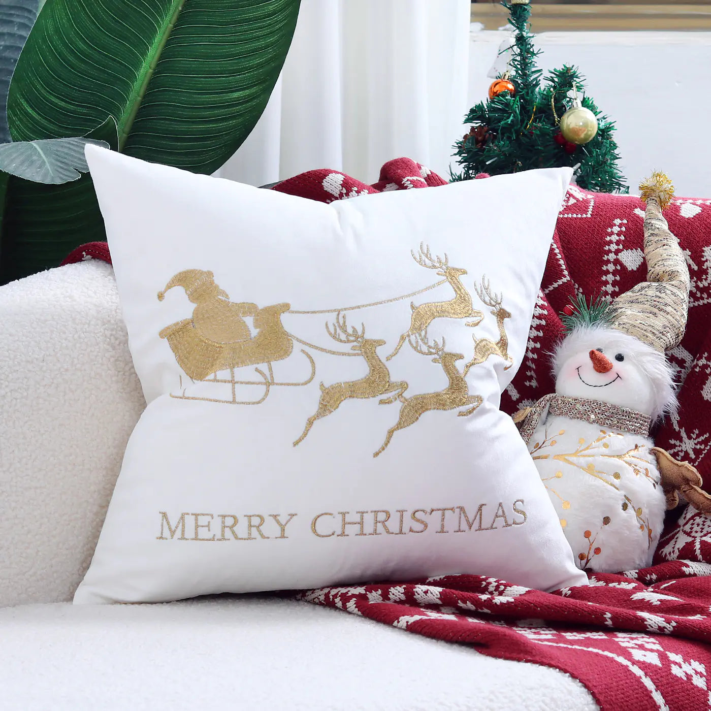 Christmas Tree Gold Foil Deer Cushion Cover For Home Decor