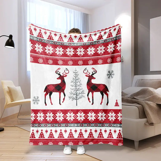 Christmas Snowman Deer Print Flannel Throw Blanket For Home Decor
