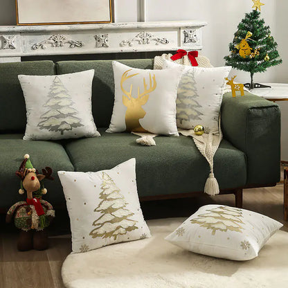 Christmas Tree Gold Foil Deer Cushion Cover For Home Decor