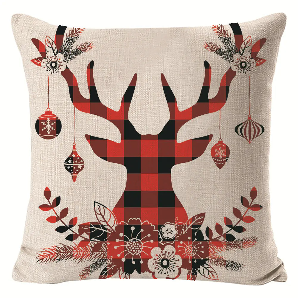 Christmas Elk Print Linen Pillow Cover For Home Decor