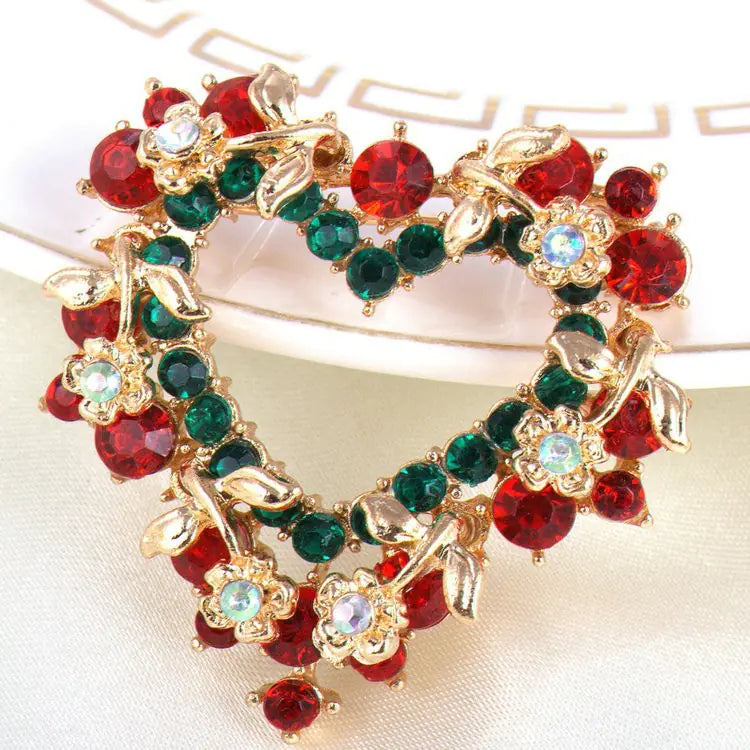 Fashionable Christmas Heart Flower Brooch With Rhinestones
