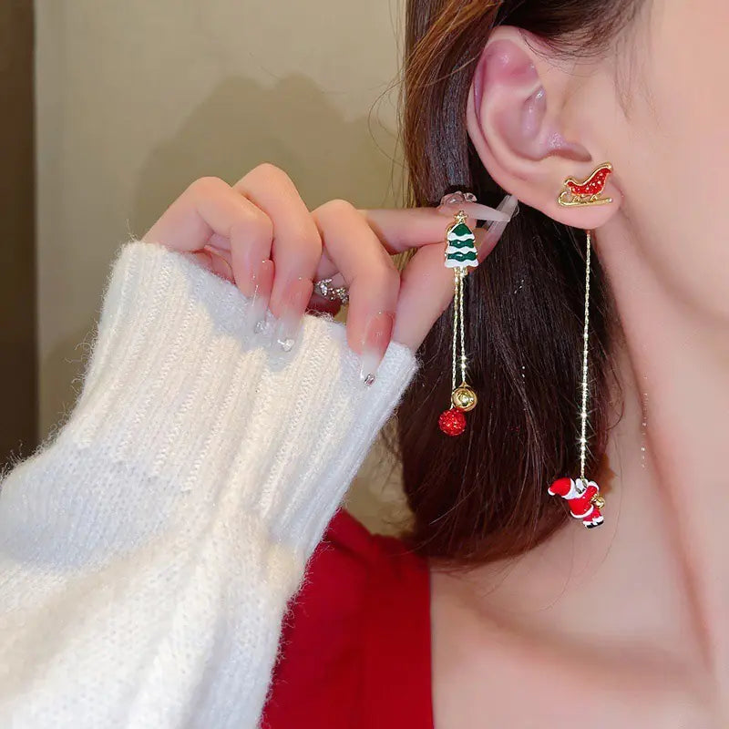 Cute Santa Lady Earrings With Sleigh Christmas Tree