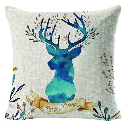 Christmas Elk Print Linen Pillow Cover For Home Decor