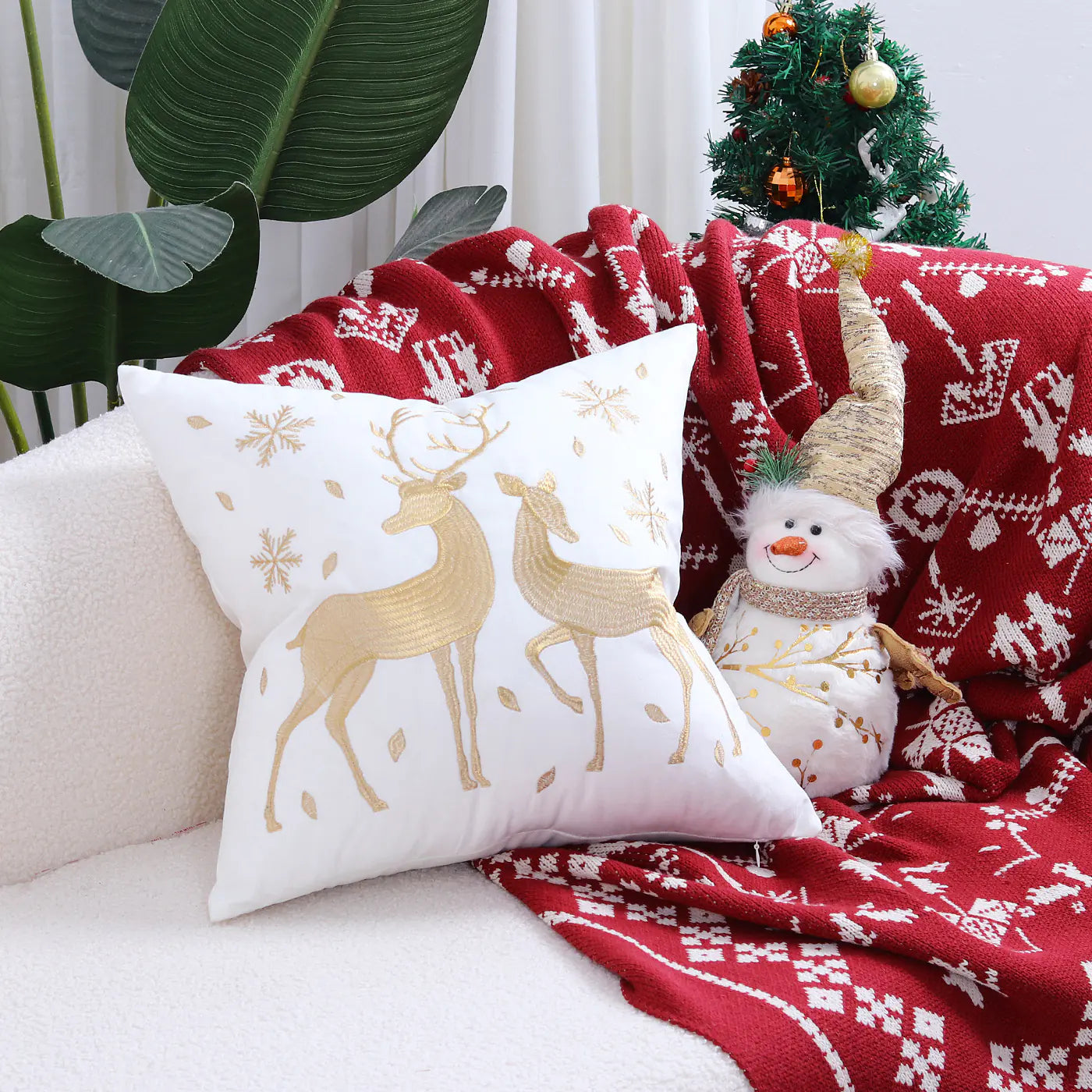 Christmas Tree Gold Foil Deer Cushion Cover For Home Decor