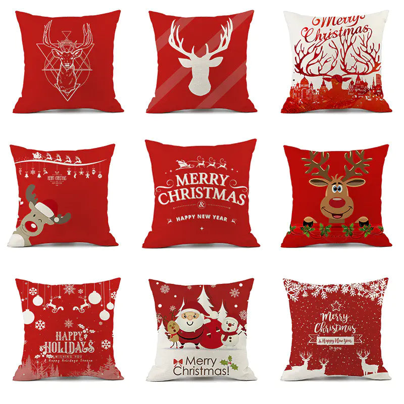 Christmas Reindeer Santa Claus Festive Printed Linen Cushion For Home Decor