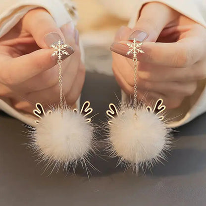 Women's Christmas Snowflake Antler Hair Ball Earrings