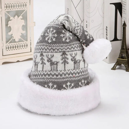 Knitted Wool Flannel Christmas Hat With Snowflake Deer