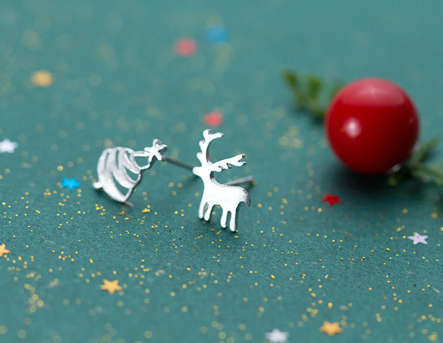 S925 Silver Christmas Tree Reindeer Stud Earrings