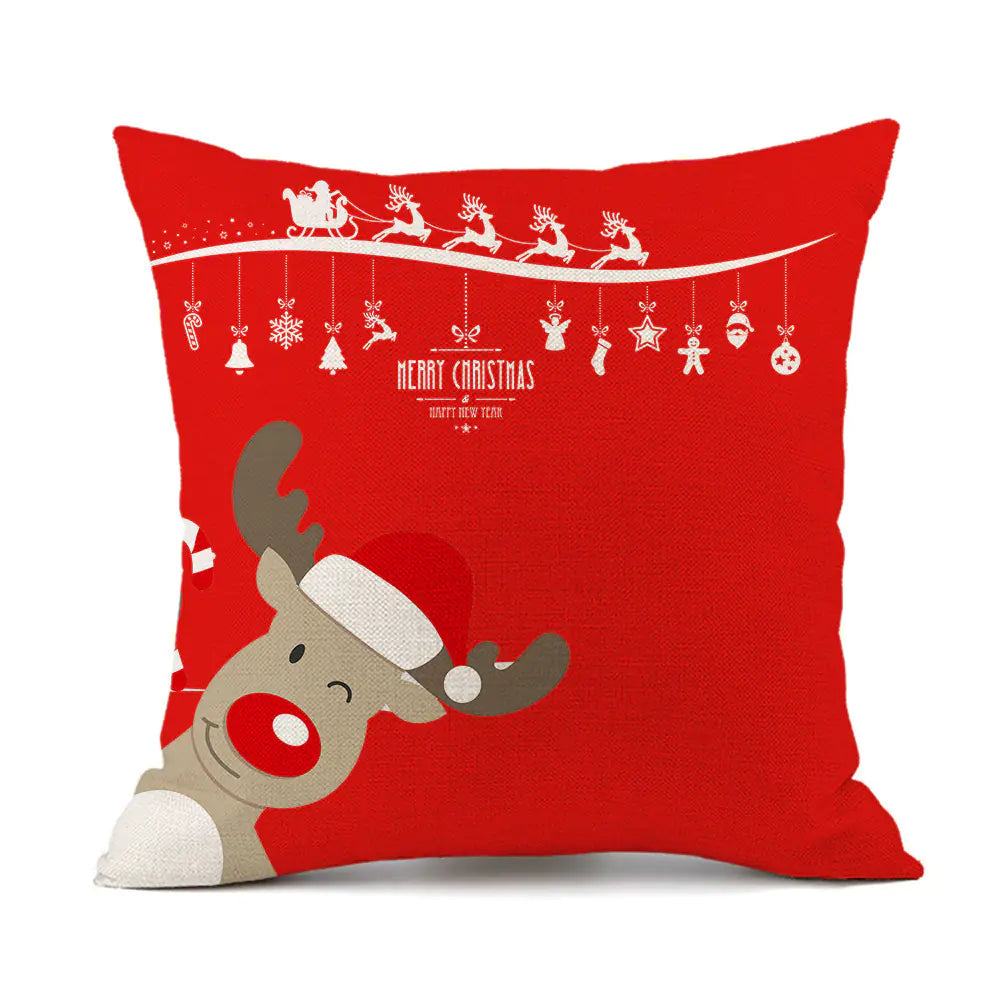 Christmas Reindeer Santa Claus Festive Printed Linen Cushion For Home Decor
