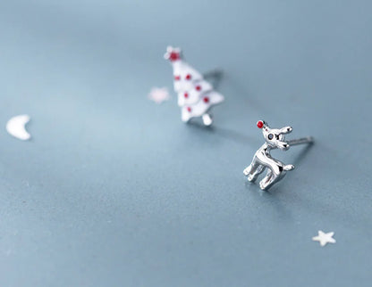 S925 Silver Cute Asymmetric Christmas Tree Earrings