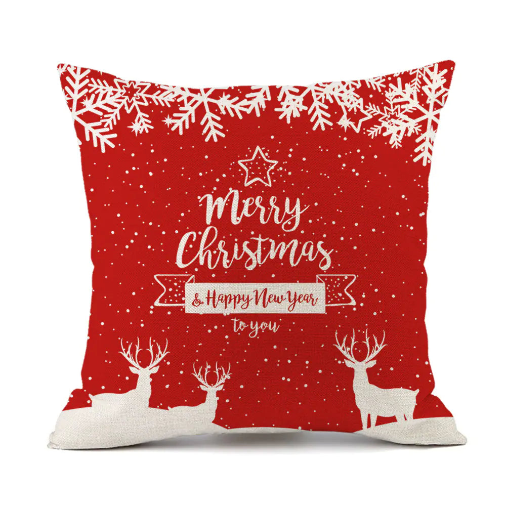 Christmas Reindeer Santa Claus Festive Printed Linen Cushion For Home Decor
