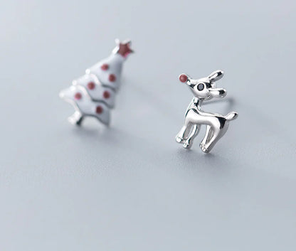 S925 Silver Cute Asymmetric Christmas Tree Earrings