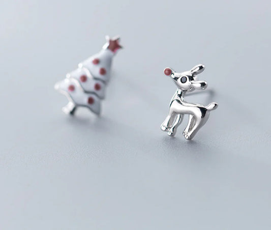 S925 Silver Cute Asymmetric Christmas Tree Earrings
