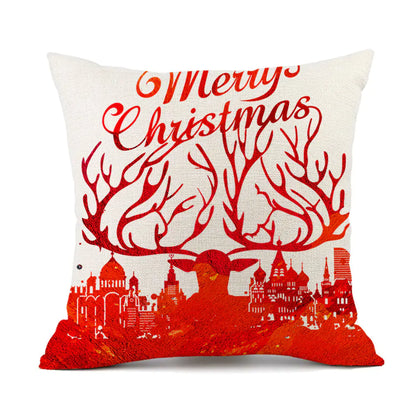Christmas Reindeer Santa Claus Festive Printed Linen Cushion For Home Decor