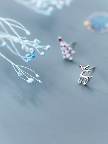 S925 Silver Cute Asymmetric Christmas Tree Earrings
