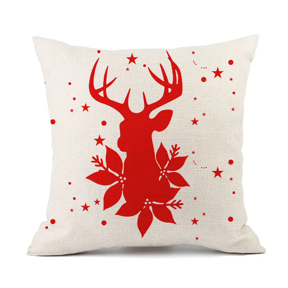 Christmas Reindeer Santa Claus Festive Printed Linen Cushion For Home Decor