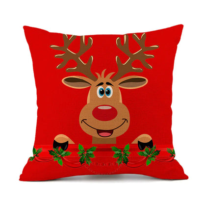 Christmas Reindeer Santa Claus Festive Printed Linen Cushion For Home Decor