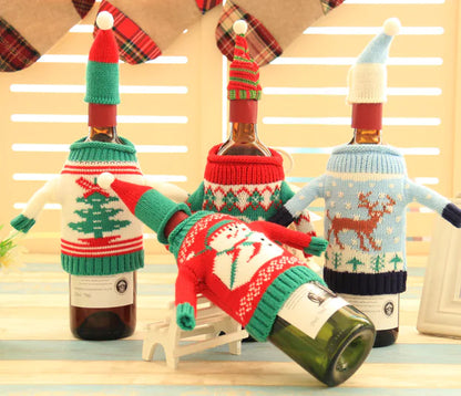 Knit Christmas Wine Set With Bottle Cover For Home Decor