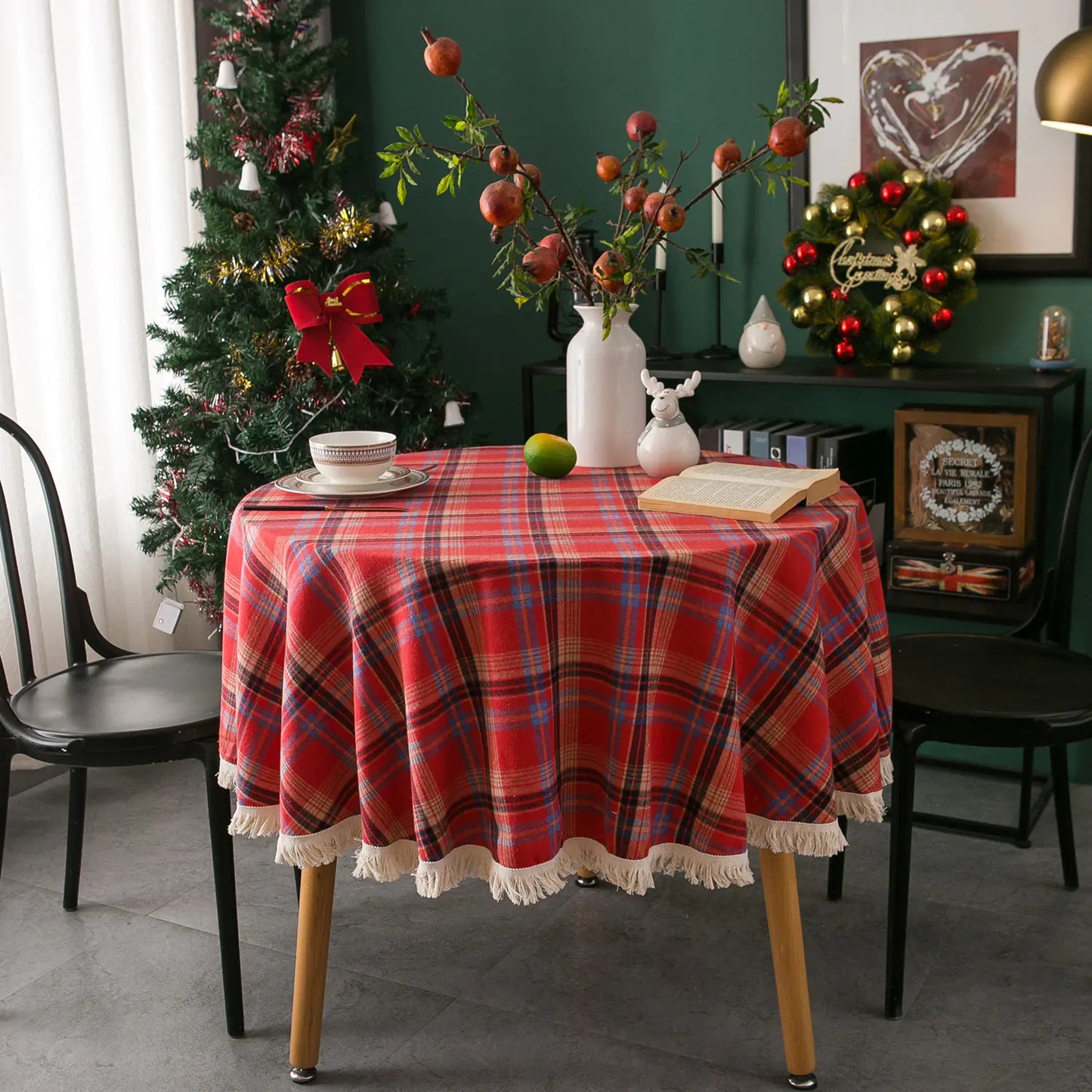 Imanqi Checkered Christmas Tablecloth With Tassels For Home Decor