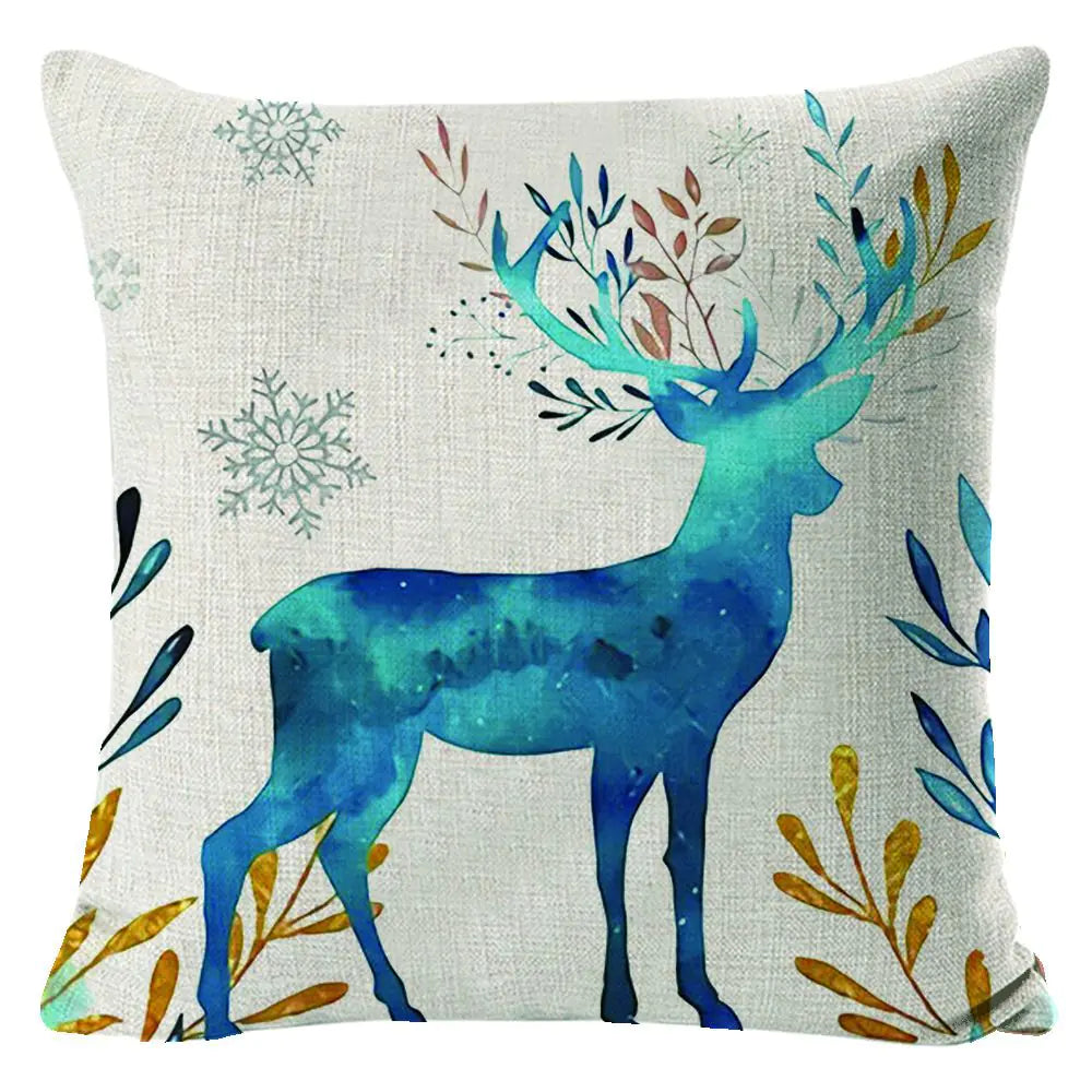 Christmas Elk Print Linen Pillow Cover For Home Decor